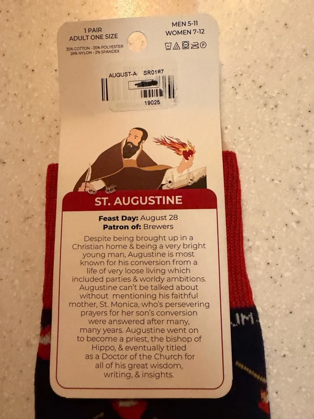 NWT Sock Religious St. Augustine Unisex Novelty Crew Socks w.  Religious Motif.